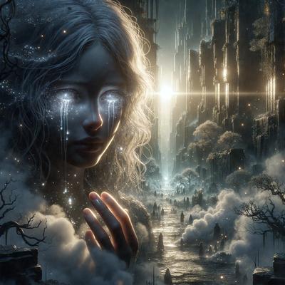The primary subject of the image is a woman with a tear in her eye, surrounded by a beautiful and surreal environment. The setting includes a mountainous landscape with a sun shining through, creating a serene atmosphere. The visual style of the image is digital art, with the woman's eyes glowing and the overall composition appearing to be a painting. The colors and mood of the image are predominantly warm and soothing, with the woman's tear adding a touch of emotion to the scene.